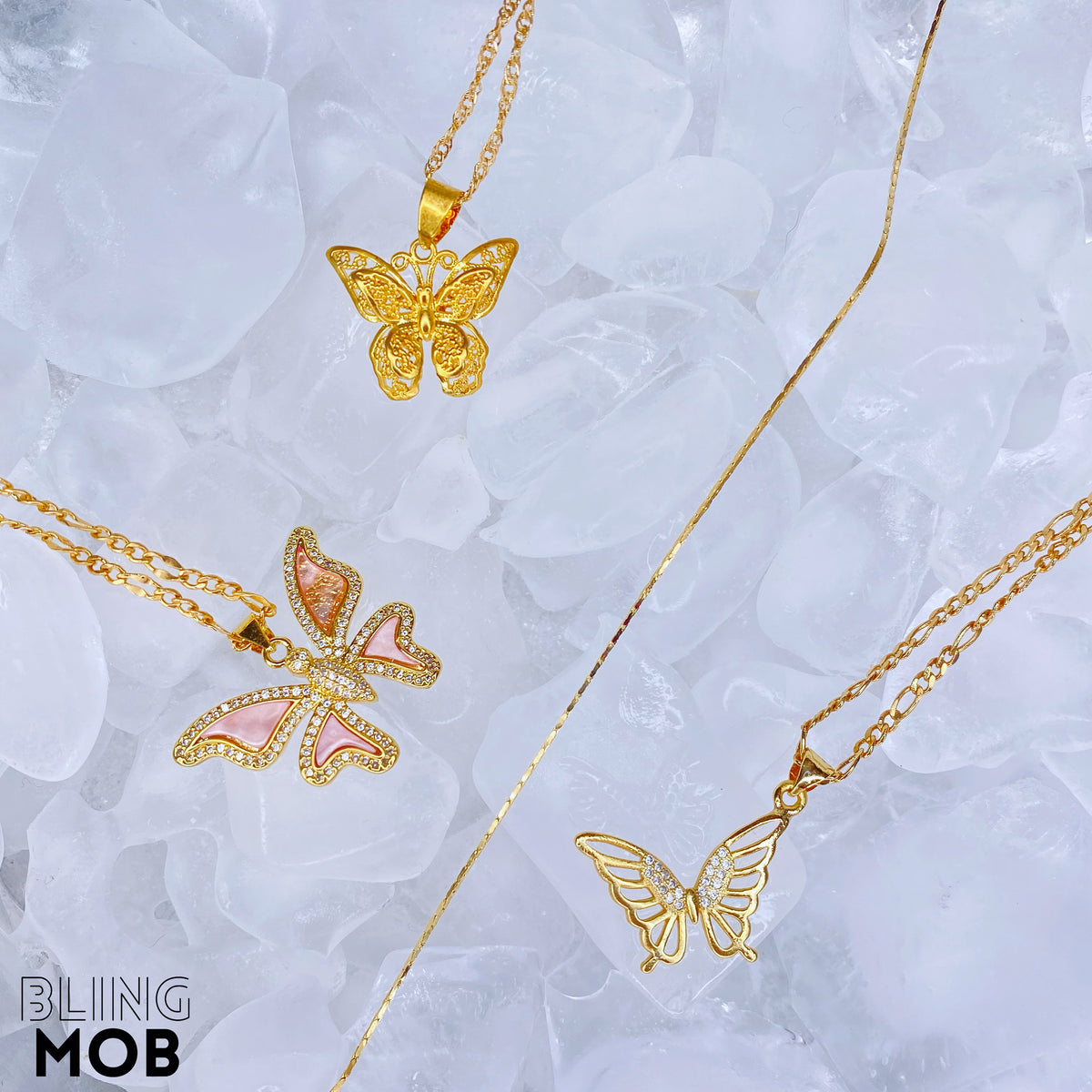 goldfilled butterfly necklaces and dainty goldfilled chain on ice
