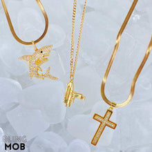 Load image into Gallery viewer, gold chain and cross, gold uzi necklace, icy shark pendant 
