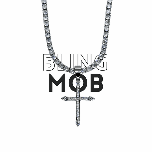 silver tennis chain, iced out cross pendant 